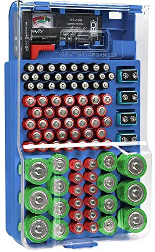 The Battery Organizer TBO7922 Case with Hinged Clear Cover and closing latch, includes a Removable Tester, Holds 93 Various Sizes Battery Storage, Light Green