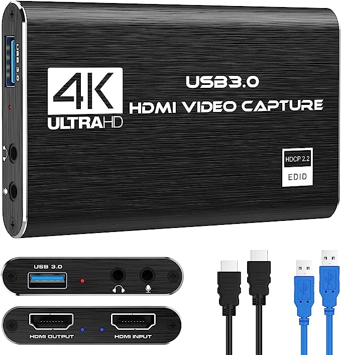 Video Capture Card 4K 1080P 60FPS, USB 3.0 HDMI Video Capture Device, HD Game Capture Card for Streaming, Work with PS4/PS5/Xbox/PC/Mac Windows 10/11