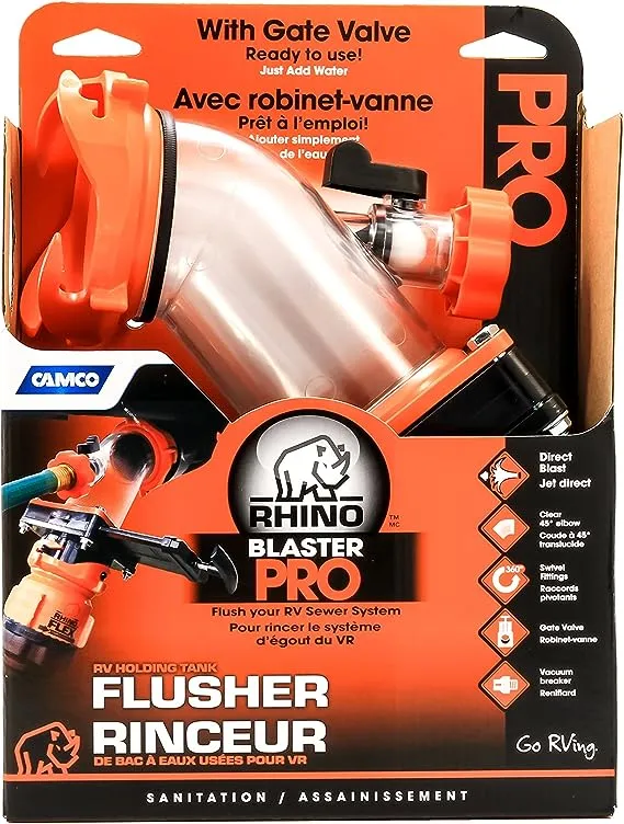 Camco Rhino Blaster Pro Clear Elbow Trailer RV Holding Tank Rinser w/Gate Valve, Vacuum Breaker, & 4-Prong Bayonet Swivel Fitting for Waste Management