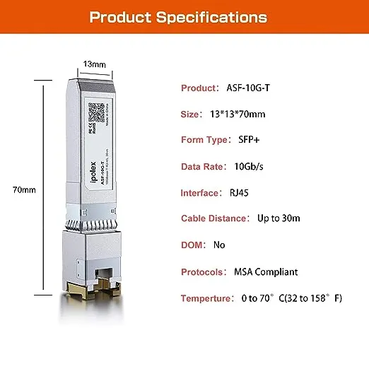 משדר נחושת ipolex 1.25/2.5/5/10G SFP+ RJ45, מודול 10GBase-T RJ-45 SFP+ , תואם ל- Cisco SFP-10G-T-S, Ubiquiti UniFi UF-RJ45-10G, Mikrotik, Fortinet, Netgear, TP-Link (CAT.6a/CAT7, 30m)משדר נחושת ipolex 1.25/2.5/5/10G SFP+ RJ45,…