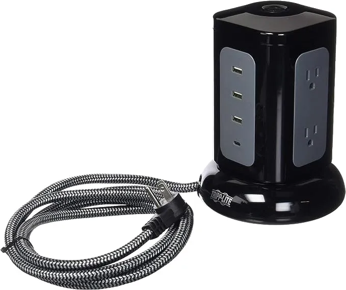 Tripp Lite Surge Protector Tower 6-Outlet 3X USB-A 1x USB C 8ft Cord Black (TLP606UCTOWER)