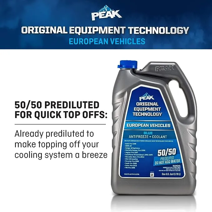 PEAK OET Extended Life Blue 50/50 Prediluted Antifreeze/Coolant for European Vehicles, 1 Gal.