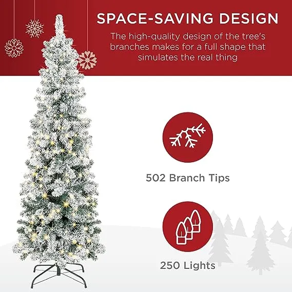 Best Choice Products Pre-Lit Artificial Snow Flocked Christmas Tree with 250 Lights, Green/Clear, 6'