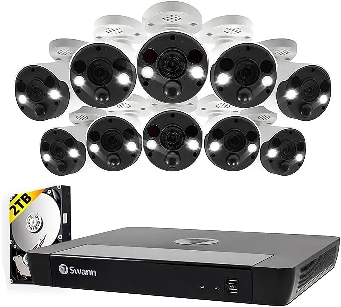 Swann Home Security Camera System with 2TB HDD, 16 Channel 10 Cam,POE Cat5e NVR 4K HD Video, Indoor or Outdoor Wired Surveillance CCTV, Color Night Vision, Heat Motion Detection, LED Lights, 1686810FB