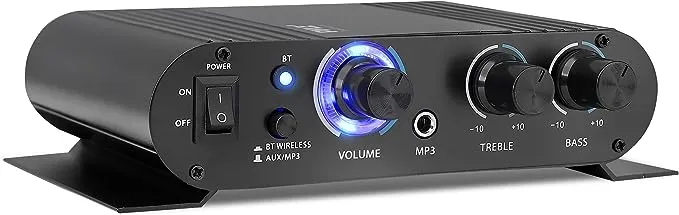 Pyle 90 Watt Peak w/ 8 Ohm Bluetooth Mini Blue Compact Home Studio, Class T Amplifier w/ 3.5mm and 0.25In Input, Rotary Controls, 4 Speaker Terminals