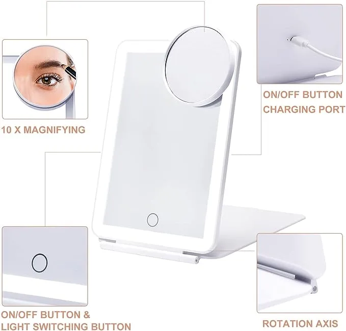 Mocado LED Foldable Travel Makeup Mirror - 5x7 Inches 3 Colors Light Modes USB Rechargeable Touch Screen, Portable Tabletop Cosmetic Mi