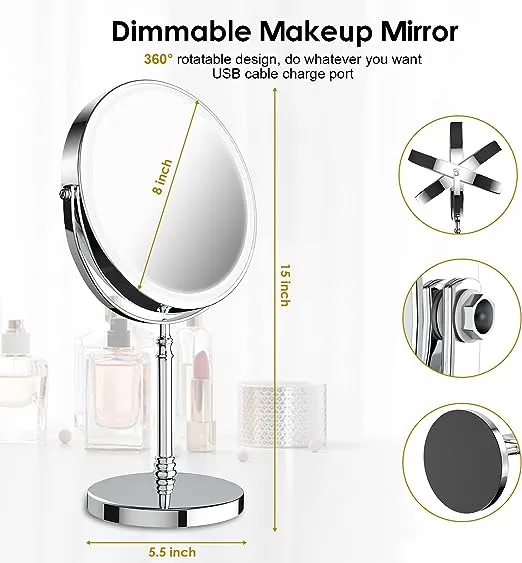 Lighted Makeup Mirror, 8" Rechargeable Double Sided Magnifying Mirror