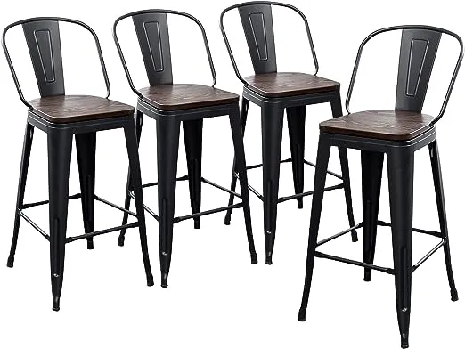 Yongqiang Bar Stools Set of 4 Bar Height Stools 30 inch Tall Kitchen Island Bar Chairs Metal High Back Barstools with Wooden Seat Industrial Matte Black