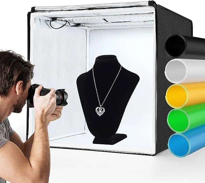 Zkeezm Light Box Photography 20"x20" with 100 LED Lights and 5 Colors Backdrops Photo Box with Lights Foldable Light Box with Adjustable 6000-6500k