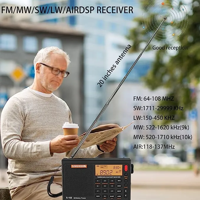 Sihuadon R-108 FM SW MW LW Airband DSP Portable Radio Black / Poland