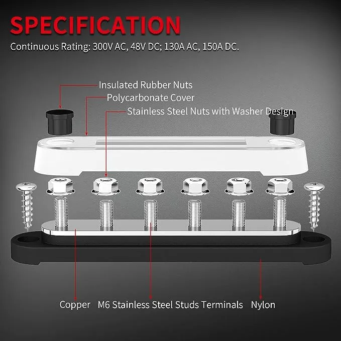 DaierTek Marine Bus Bar 12V 6 x 14 (M6) Terminal Studs 12V Bus Bar Terminal Block with Cover Max 300V AC 48V DC Positive & Negative Battery Power