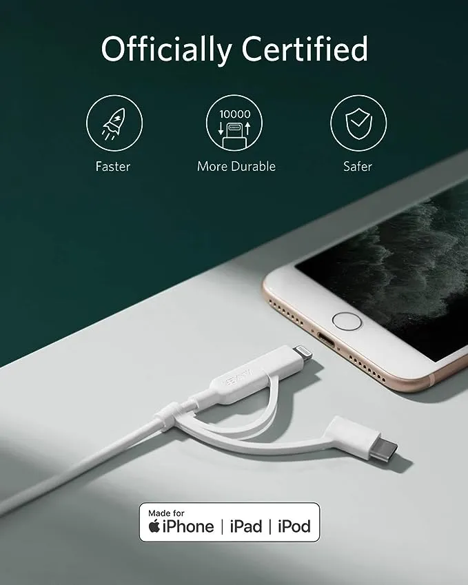 Anker Powerline II 3-in-1 Cable, Lightning/Type C/Micro USB Cable for iPhone, iPad, Huawei, HTC, LG, Samsung Galaxy, Sony Xperia, Android Smartphones, and More(3ft, White)