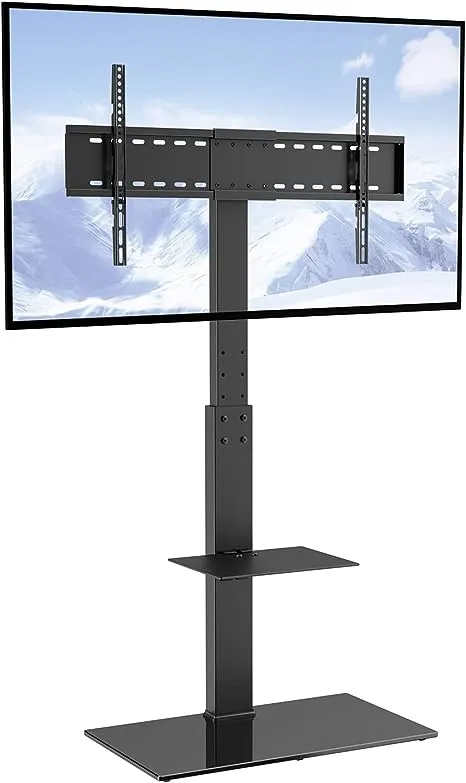 VEVOR TV Stand Mount, Swivel Tall TV Stand for 32 to 65 inch TVs, Height Adjustable Portable Floor TV Stand with Tempered Glass Base for Bedroom, Living Room