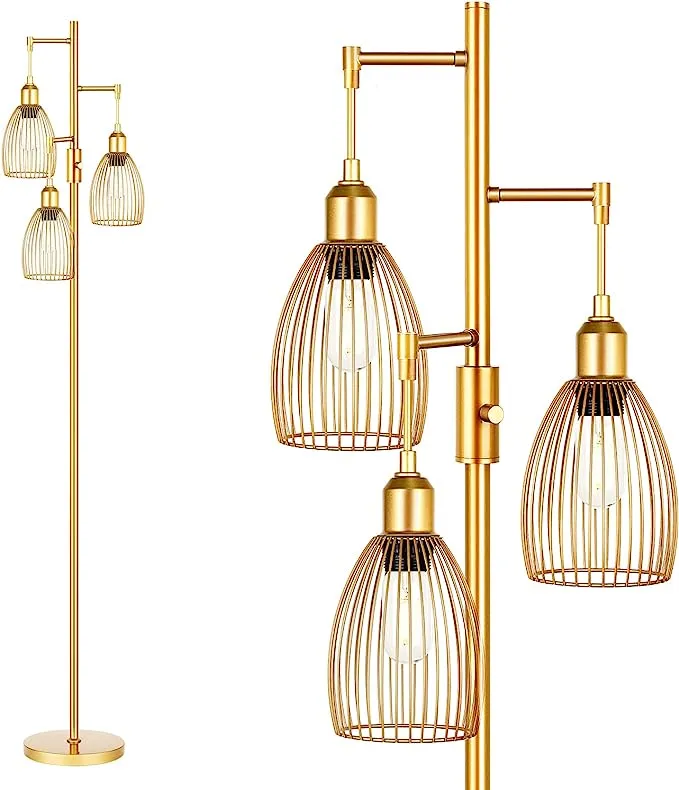 Torondo Dimmable Industrial Floor Lamps for Living Room, Gold Tree Standing Tall Lamps with 3 Elegant Teardrop Cage Head & 800 Lumens LED Bulbs for