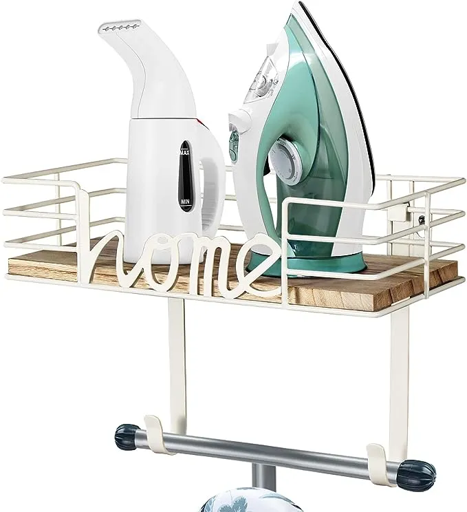 TJ.MOREE Ironing Board Hanger Wall Mount- Laundry Room Decor- Iron and Ironing Board Holder, Laundry Room Organization and Storage with Large Storage Dark Gray Wooden Base Basket and Removable Hooks