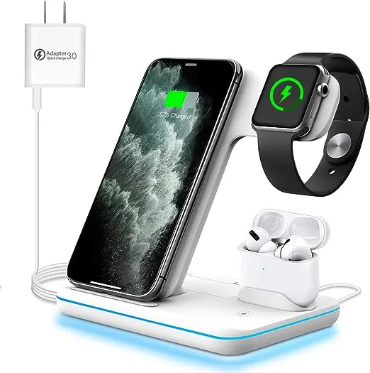 WAITIEE Wireless Charger 3 in 1,15W Fast Charging Station for Apple Watch 9/8/Ultra/SE/7/6/5/4/3/2/1,for AirPods 3/2/1/Pro,for iPhone 15/14/13 /Pro/Pro Max/12/11,for Samsung Galaxy Phone Series(White)