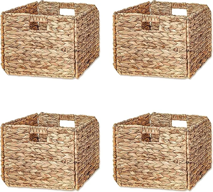 12" Foldable Hyacinth Storage Basket with Iron Wire Frame and Removable Liner by Trademark Innovations (Set of 4)