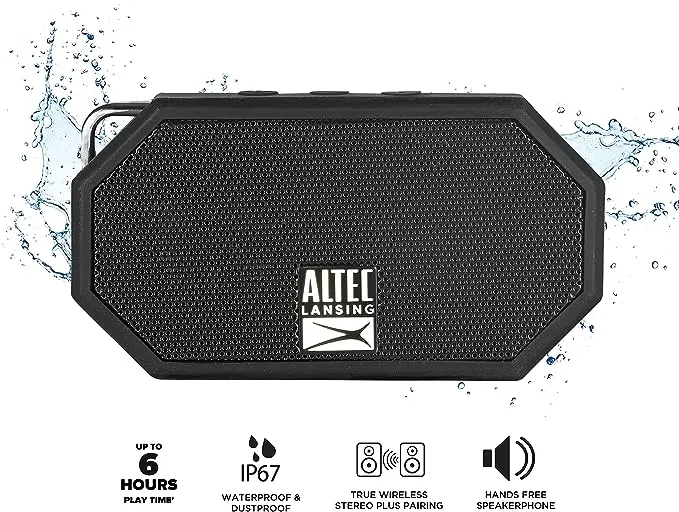 Altec Lansing Mini H2O - Waterproof Bluetooth Speaker, IP67 Certified & Floats in Water, Compact & Portable Speaker for Hiking, Camping, Pool, and Beach,Black