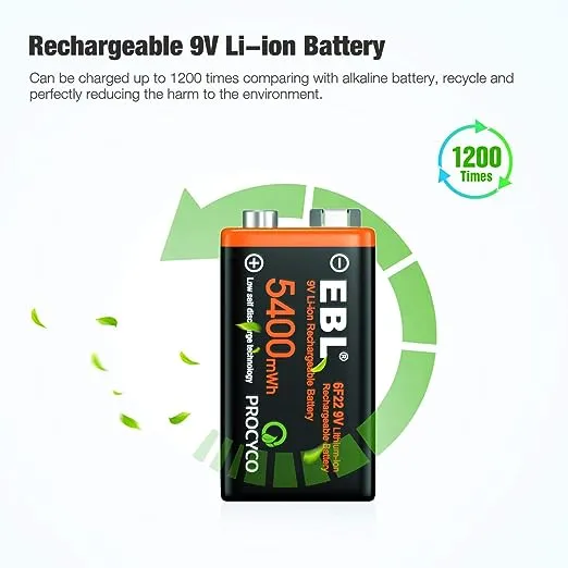 EBL 4-Pack 5400mWh 9V USB Lithium Rechargeable Batteries with Micro Charging Cable - Quick Charge