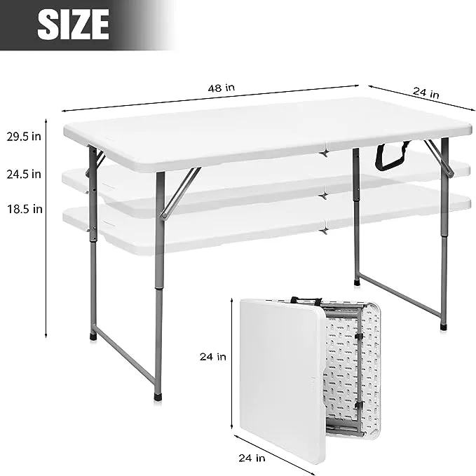 Byliable Folding Table 4 Foot Portable Heavy Duty Plastic Fold-in-Half Utility Foldable Table Small Indoor Outdoor Adjustable Height Folding Table