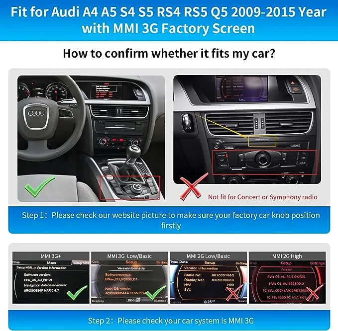 Road Top Wireless Carplay Android Auto for Audi A4 A5 S4 S5 RS4 RS5 Q5 2008-2015 with 3GMMI System, Carplay Retrofit Kit, Support Mirrorlink, Siri, N