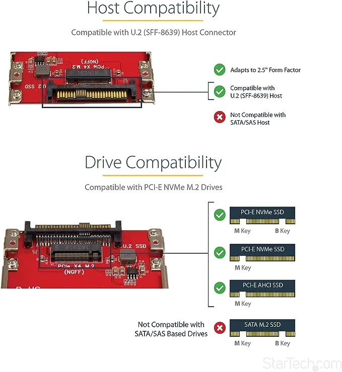 StarTech.com M.2. PCI-e NVMe to U.2 (SFF-8639) Adapter - Not Compatible with SATA Drives or SAS Controllers - For M.2 PCIe NVMe SSDs - PCIe M.2 Drive to U.2 Host Adapter - M2 SSD Converter (U2M2E125)