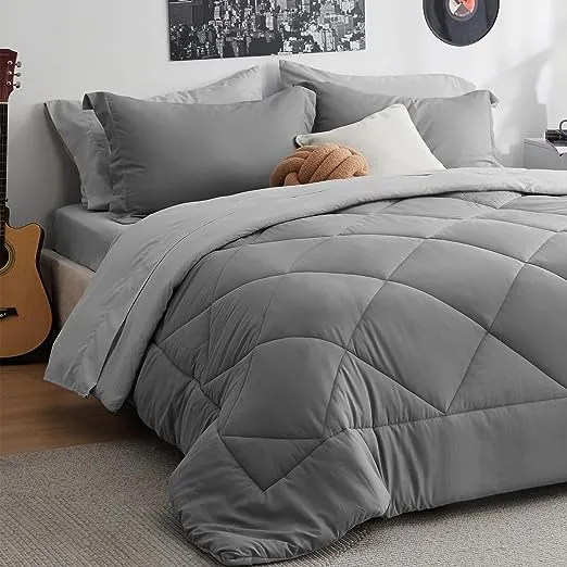 Bedsure King Size Comforter Set - 7 Pieces Reversible King Bed in a Bag, King Bed Set with Comforters, Sheets, Pillowcases & Shams, Grey King Bedding Set