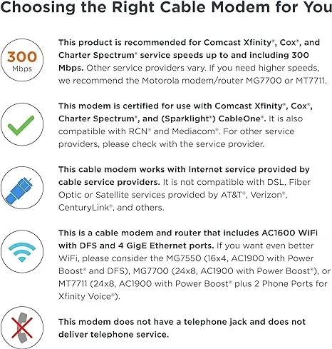 MOTOROLA MG7540 16x4 Cable Modem Plus AC1600 Dual Band Wi-Fi Gigabit Router with DFS, 686 Mbps Maximum DOCSIS 3.0 - Approved by Comcast Xfinity, Cox, Charter Spectrum, More