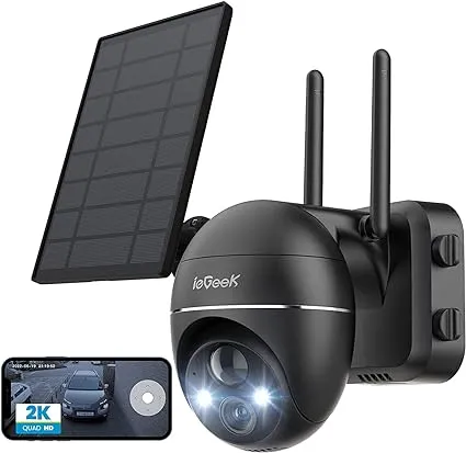 Security Cameras Wireless Outdoor, 2K Solar Security Camera System 360° PTZ with Spotlight & Siren, ieGeek 2.4Ghz Outdoor Security Cameras,Color Night Vision, Work with Alexa, PIR, 2-Way Talk, IP65