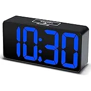 DreamSky Compact Digital Alarm Clock with USB Port for Charging, 0-100% Adjustable Brightness Dimmer, Blue Bold Digit Display, Adjustable Alarm Volume, 12/24Hr, Snooze, Bedroom Desk Alarm Clock.