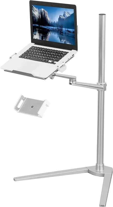 VIVO Aluminum Laptop Floor Stand for 4 to 14 inch Mobile Phones & Tablets, 12 to 17 inch Laptops, Height Adjustable 360 Degree Rotating Arm with Ventilated Tray, Silver STAND-LAP1F