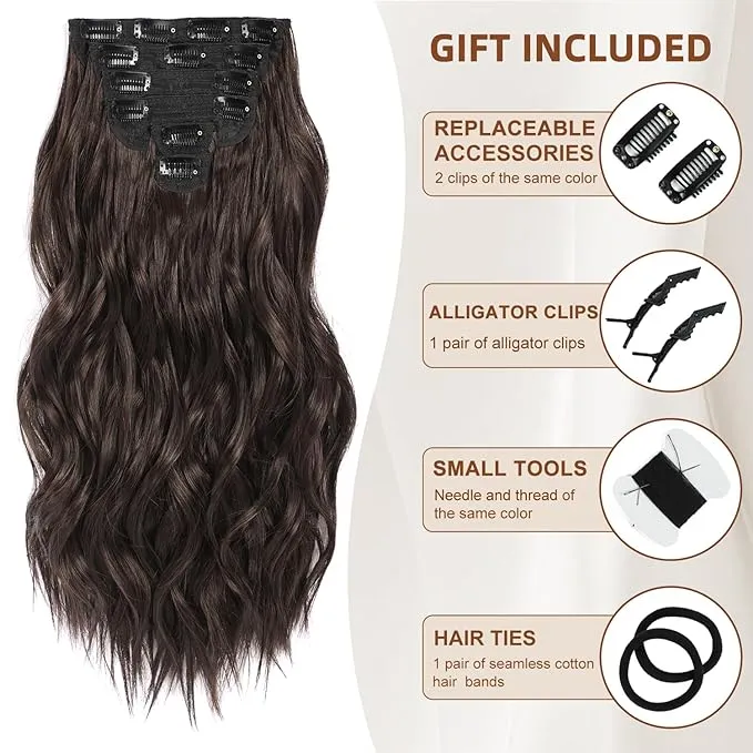 Fliace Clip in Hair Extensions, 6 PCS Natural & Soft Hair & Blends Well Hair Extensions, Dark Brown Long Wavy Hairpieces(20inch, 6pcs, Dark Brown)