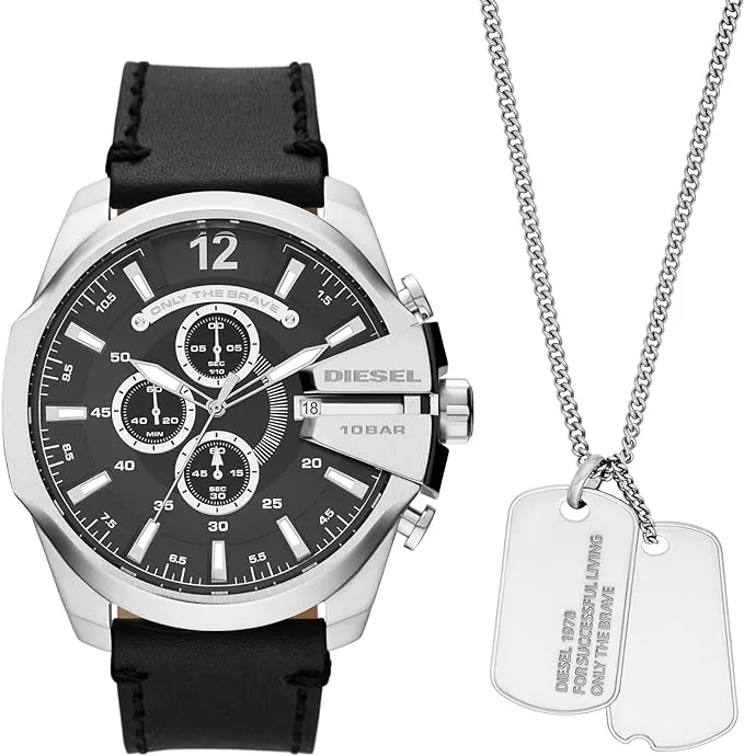 Diesel Men's 51mm Mega Chief Quartz Stainless Steel and Leather Chronograph Watch & Necklace Gift Set, Color: Silver, Black (Model: DZ4559)Diesel Men's 51mm Mega Chief Quartz Stainless Steel and Leather Chronograph Watch & Necklace Gift Set, Color: Silve