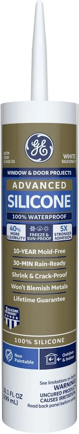 GE Advanced Silicone Caulk for Window & Door - 100% Waterproof Silicone Sealant, 5X Stronger Adhesion, Shrink & Crack Proof - 10 oz Cartridge, Clear, Pack of 1