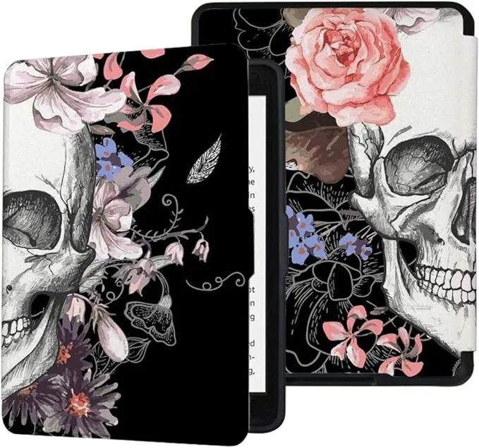 Colorful Star Case for Kindle Paperwhite Generations Prior to 2018 (Not Fit All-New Paperwhite 10th Gen) - PU Leather Case for Paperwhite E-Reader with Auto Wake/Sleep - Skull in Blossom