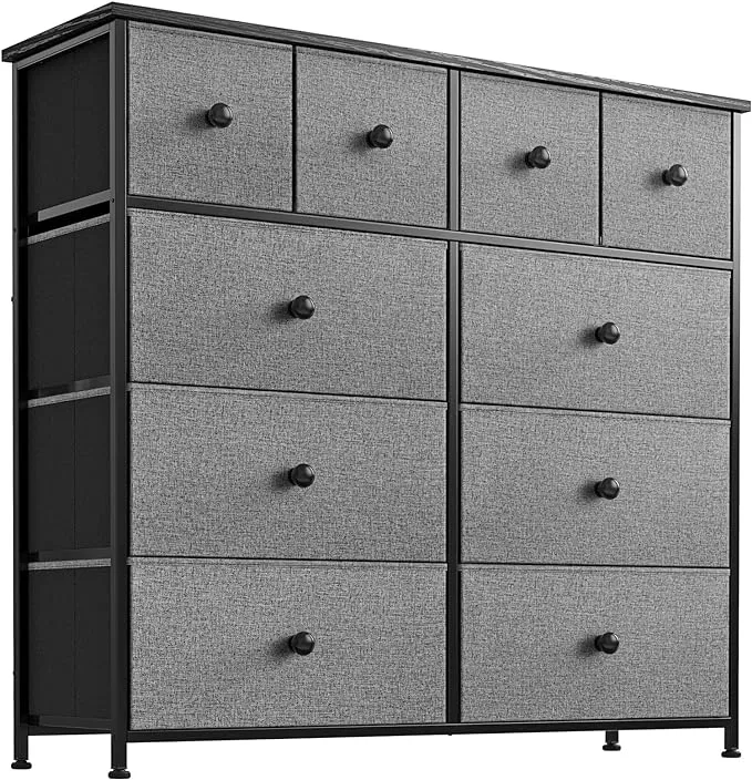 REAHOME 10 Drawer Dresser for Bedroom Fabric Storage Tower Wide Black Dresser with Wood Top Sturdy Steel Frame Storage Organizer Unit for Living Room Hallway Entryway Closets Nursery (Black Grey)