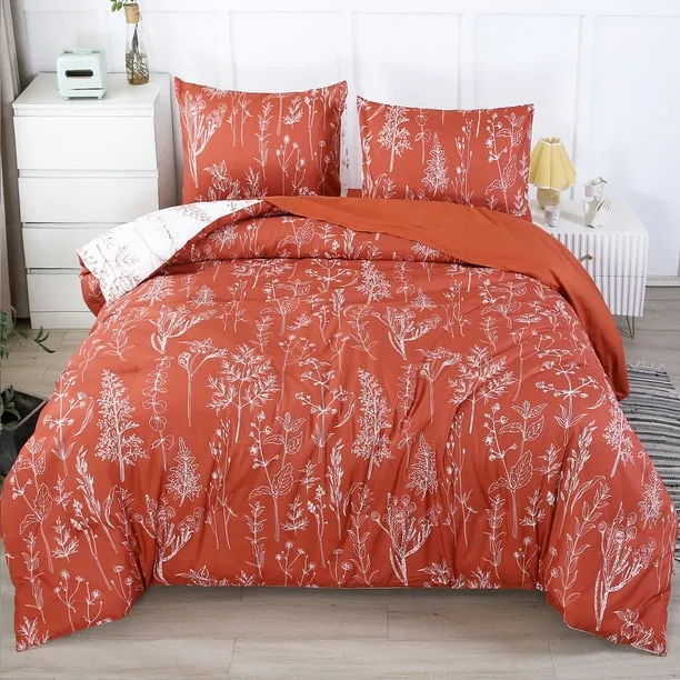 URBONUR Burnt Orange and White Comforter Set Queen Terracotta Botanical Bedding Sets Floral Bedding 5 Piece Printed Reversible Bed in A Bag with Comforter, Flat Sheet, Fitted Sheet