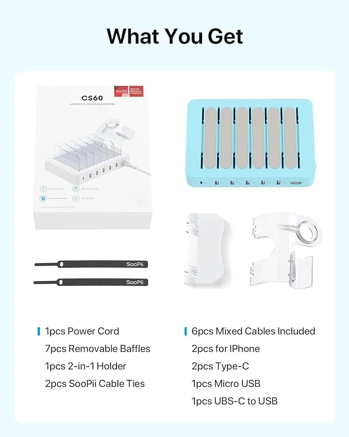 SooPii 60W 6-Port PD Charging Station for Multiple Devices, 20W PD USB C Fast...