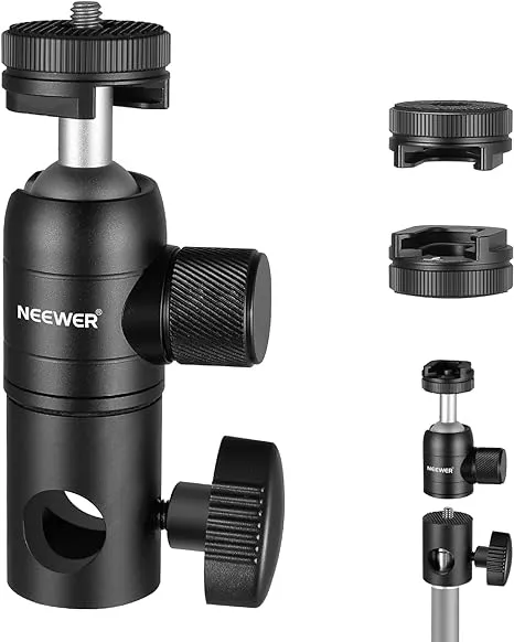 NEEWER Light Stand Mount Adapter with Cold Shoe and 1/4” Screw Mini Ball Head, Reversible Mounting Plate for Camera Monitor Ring Light, Fits Flat Head Light Stand/Boom arm/C Stand, Max. Load 22lb/10kg