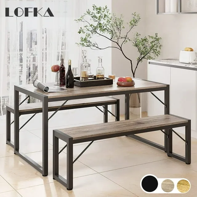 Lofka 45.5 inch Dining Table Set for 4 with 2 Benches, Modern Kitchen Table Set, 550lbs, Retro, Brown