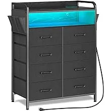 Rolanstar Tall Dresser with Power Outlets, LED Lights, 8 Drawers, Side Pockets,