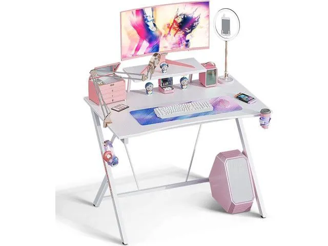 MOTPK White Gaming Desk 55inch with Monitor Shelf Computer Gaming Desk for Girls with Cup Holder and Headphone Hook Gamer Workstation Game Table, Gift for Women