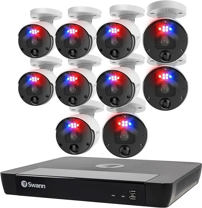 Swann Home Security Camera System with 2TB HDD, 16 Channel 10 Cam, POE Cat5e NVR 4K HD Video, Indoor Outdoor Wired Surveillance CCTV, Color Night Vision, Heat Motion Detection, Enforcer LEDs, 1689810