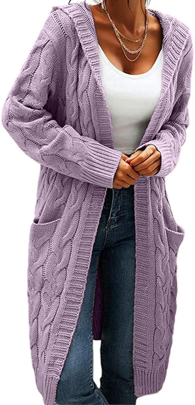 Bwogeeya Women Hooded Open Front Cardigan Cable Knit Sweaters Solid Color Chunky ...