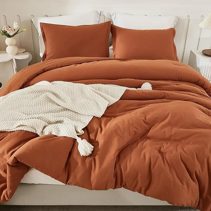 URBONUR Burnt Orange and White Comforter Set Queen Terracotta Botanical Bedding Sets Floral Bedding 5 Piece Printed Reversible Bed in A Bag with Comforter, Flat Sheet, Fitted Sheet