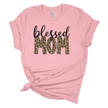 Women's Mother's Day Blessed Mom Leopard Print Short Sleeve T-shirt Graphic Tee-Pink-large