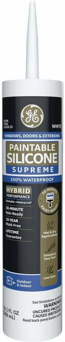 GE Supreme Paintable Window & Door Silicone Sealant White, 10.1 oz.