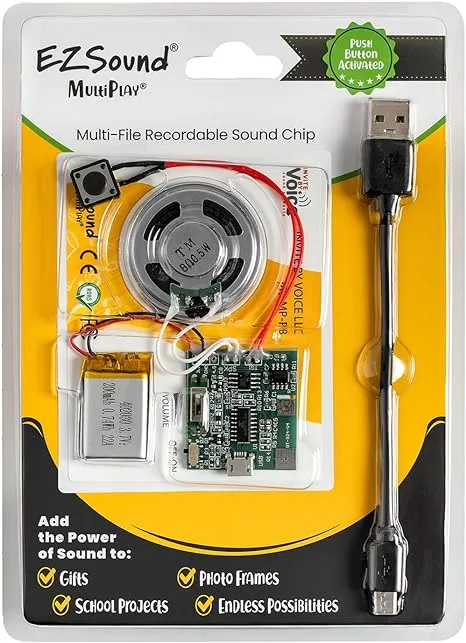 EZSound Multiplay Push Button Recordable Sound Chip | Plays Multiple Recordings | Recordable Sound Module | Push Button Control | Card Sound Recorder | Card Voice Recorder | Custom Button Record