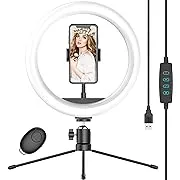 10" Selfie Ring Light with Tripod Stand & Phone Holder, Dimmable Desk LED Makeup Ring Light for Live Streaming/Zoom Meetings/YouTube Video/Vlog, Compatible with Smart Phones