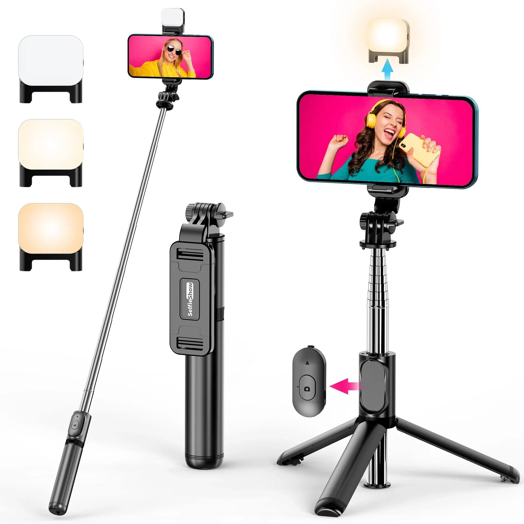 Selfie Stick Tripod with Fill Light, All in One Extendable Selfie Stick with Detachable Wireless Remote, Flexible Phone Tripod Stand Compatible with iPhone/Galaxy, Compact Size & Lightweight